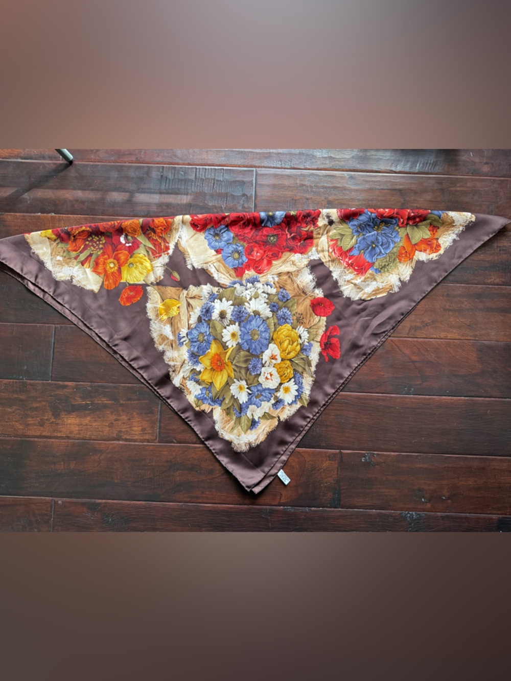 Vintage Mantero Collection VIII Silk Scarf florals on chocolate Brown - Picture 6 of 9